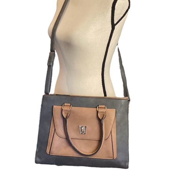 Dasein Vegan Leather Tote Satchel Handbag Colorblock Briefcase Dark Gray & Tan - Picture 3 of 16